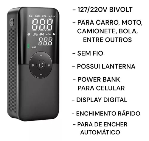 Compressor de Ar Portátil Sem Fio com Display LCD e Múltiplas Funções