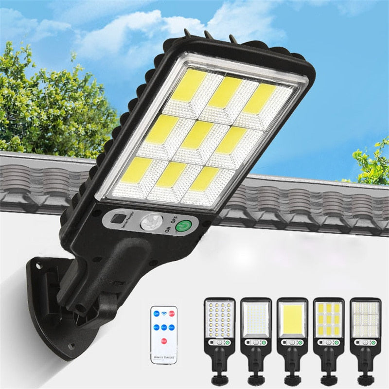 Luz de Led com carregamento a energia solar, sensor de movimento e controle.