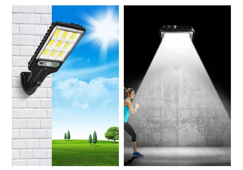 Luz de Led com carregamento a energia solar, sensor de movimento e controle.